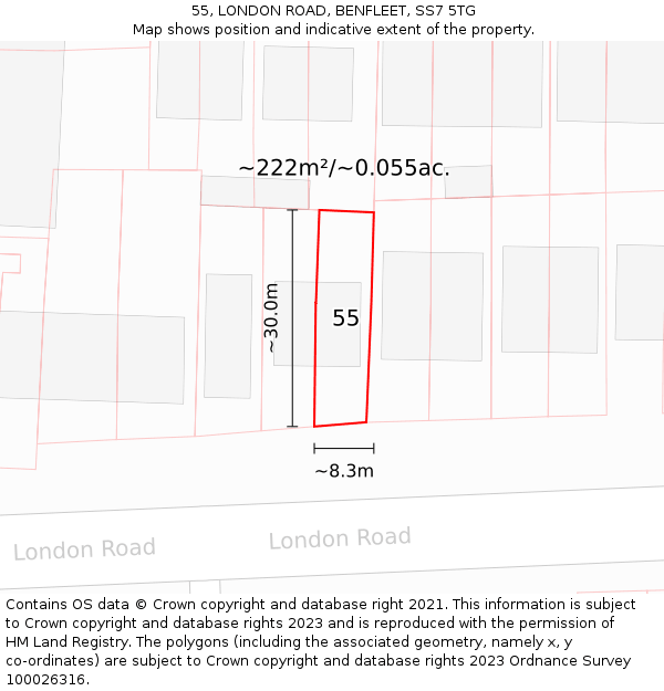 55, LONDON ROAD, BENFLEET, SS7 5TG: Plot and title map
