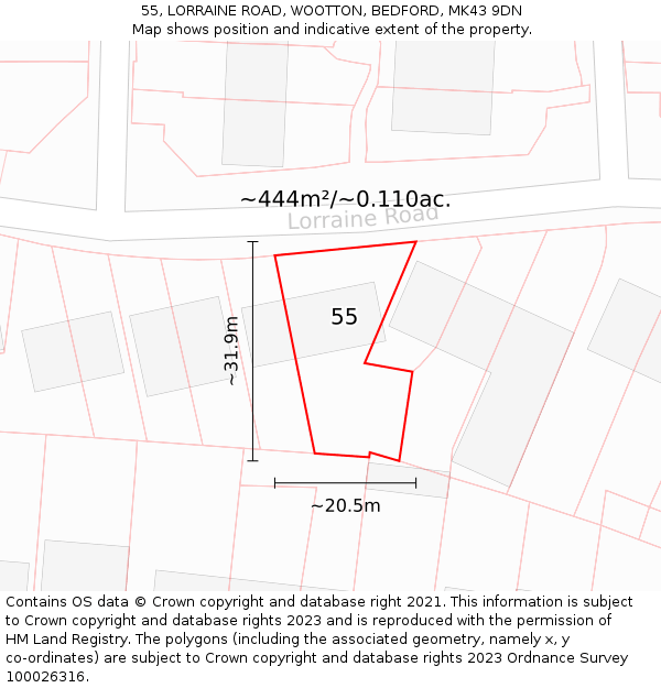 55, LORRAINE ROAD, WOOTTON, BEDFORD, MK43 9DN: Plot and title map
