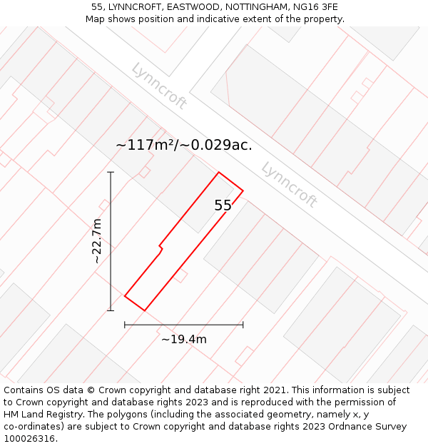 55, LYNNCROFT, EASTWOOD, NOTTINGHAM, NG16 3FE: Plot and title map