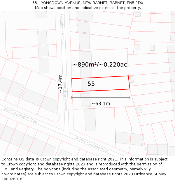 55, LYONSDOWN AVENUE, NEW BARNET, BARNET, EN5 1DX: Plot and title map