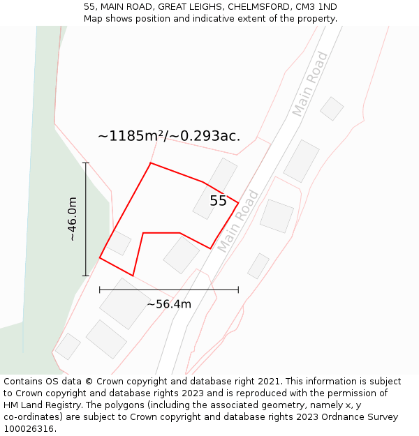 55, MAIN ROAD, GREAT LEIGHS, CHELMSFORD, CM3 1ND: Plot and title map