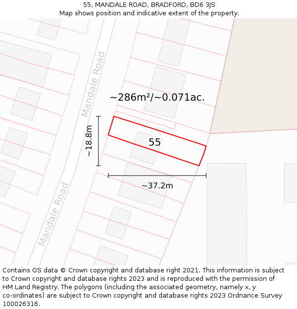 55, MANDALE ROAD, BRADFORD, BD6 3JS: Plot and title map