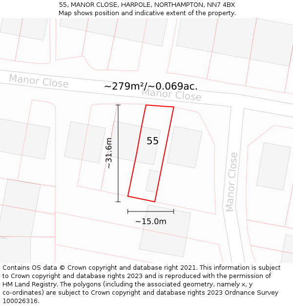 55, MANOR CLOSE, HARPOLE, NORTHAMPTON, NN7 4BX: Plot and title map