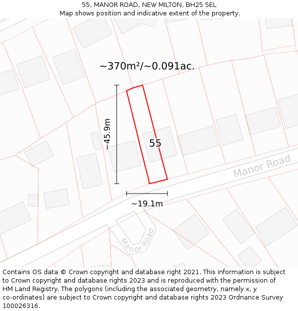 55, MANOR ROAD, NEW MILTON, BH25 5EL: Plot and title map