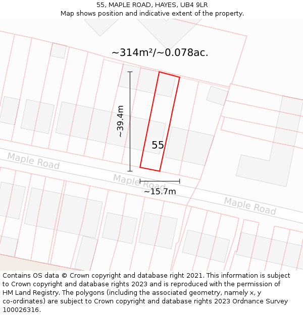 55, MAPLE ROAD, HAYES, UB4 9LR: Plot and title map