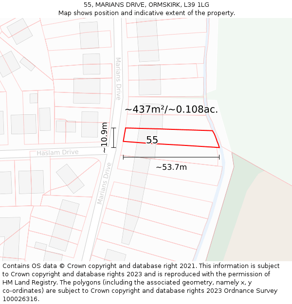 55, MARIANS DRIVE, ORMSKIRK, L39 1LG: Plot and title map