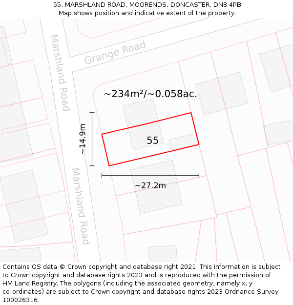 55, MARSHLAND ROAD, MOORENDS, DONCASTER, DN8 4PB: Plot and title map