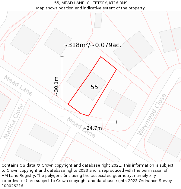 55, MEAD LANE, CHERTSEY, KT16 8NS: Plot and title map