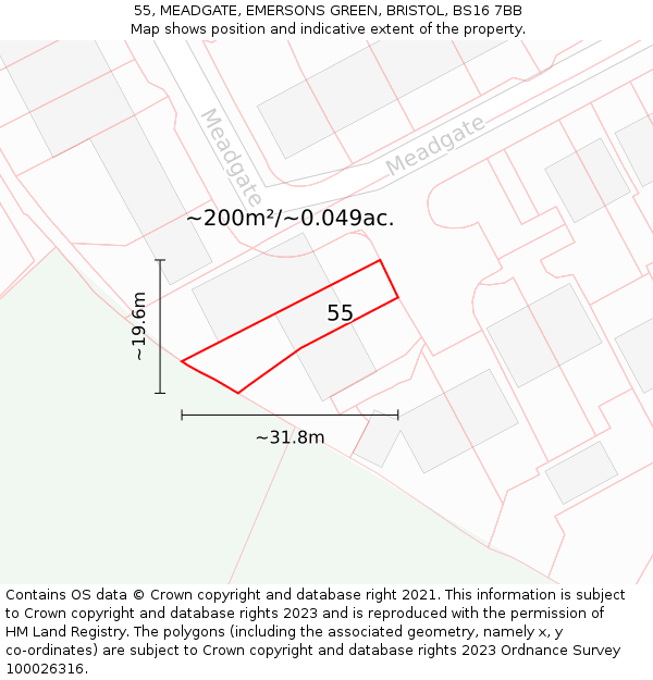 55, MEADGATE, EMERSONS GREEN, BRISTOL, BS16 7BB: Plot and title map