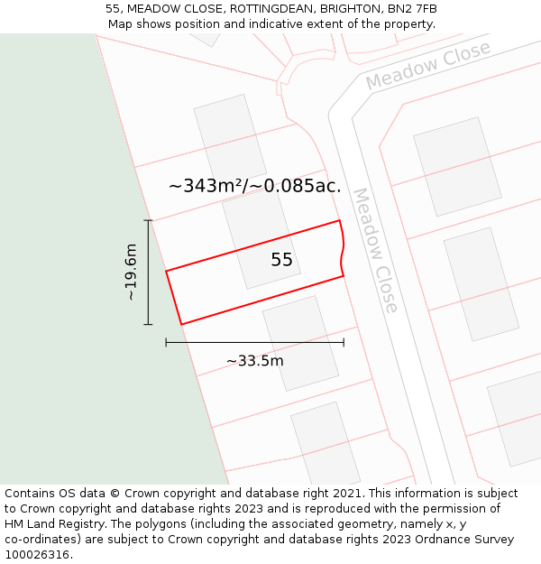 55, MEADOW CLOSE, ROTTINGDEAN, BRIGHTON, BN2 7FB: Plot and title map