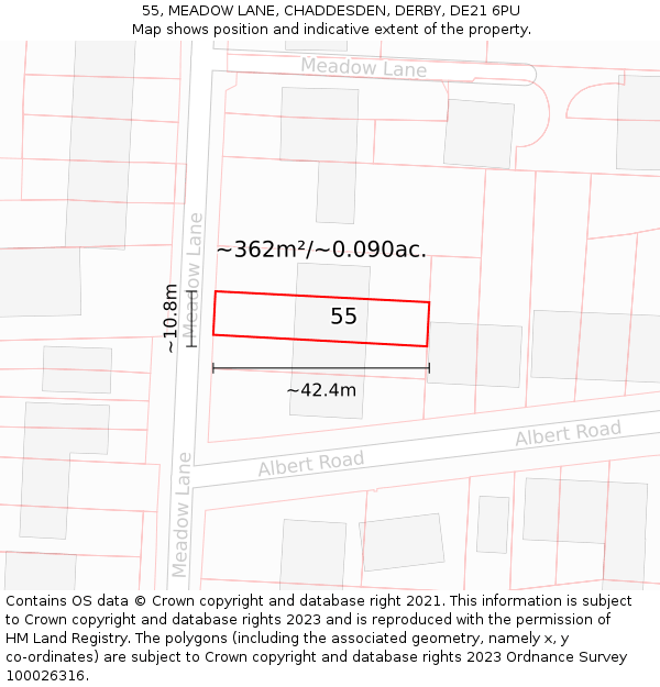 55, MEADOW LANE, CHADDESDEN, DERBY, DE21 6PU: Plot and title map