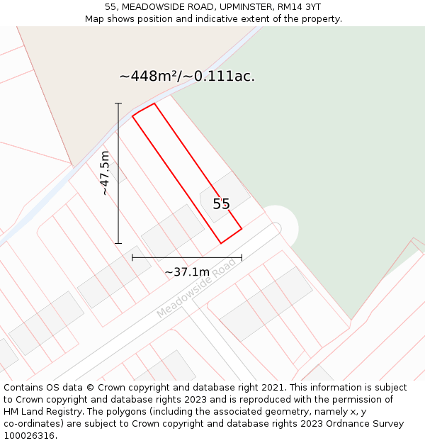 55, MEADOWSIDE ROAD, UPMINSTER, RM14 3YT: Plot and title map