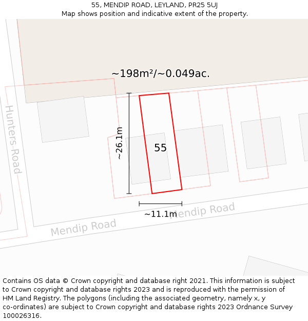 55, MENDIP ROAD, LEYLAND, PR25 5UJ: Plot and title map