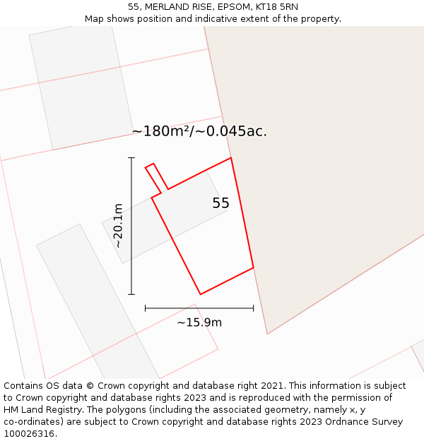 55, MERLAND RISE, EPSOM, KT18 5RN: Plot and title map