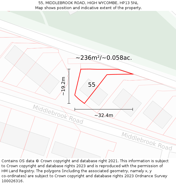 55, MIDDLEBROOK ROAD, HIGH WYCOMBE, HP13 5NL: Plot and title map