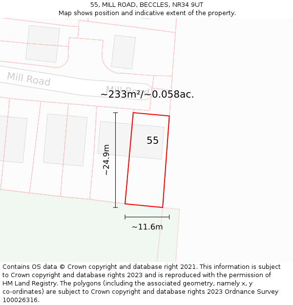 55, MILL ROAD, BECCLES, NR34 9UT: Plot and title map