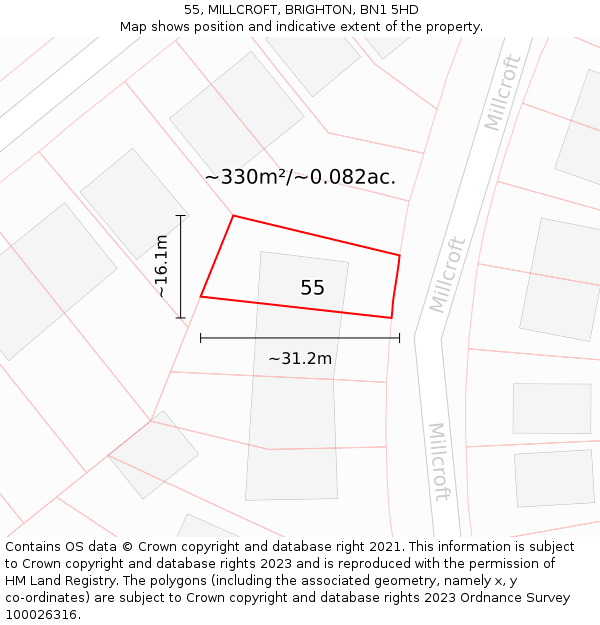 55, MILLCROFT, BRIGHTON, BN1 5HD: Plot and title map