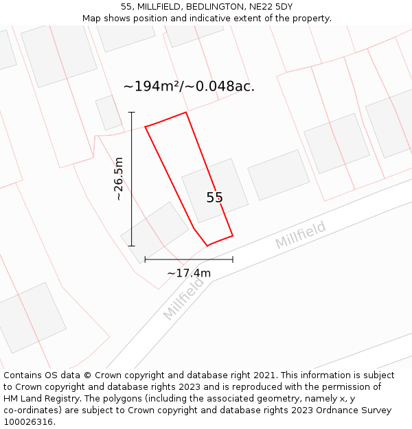 55, MILLFIELD, BEDLINGTON, NE22 5DY: Plot and title map