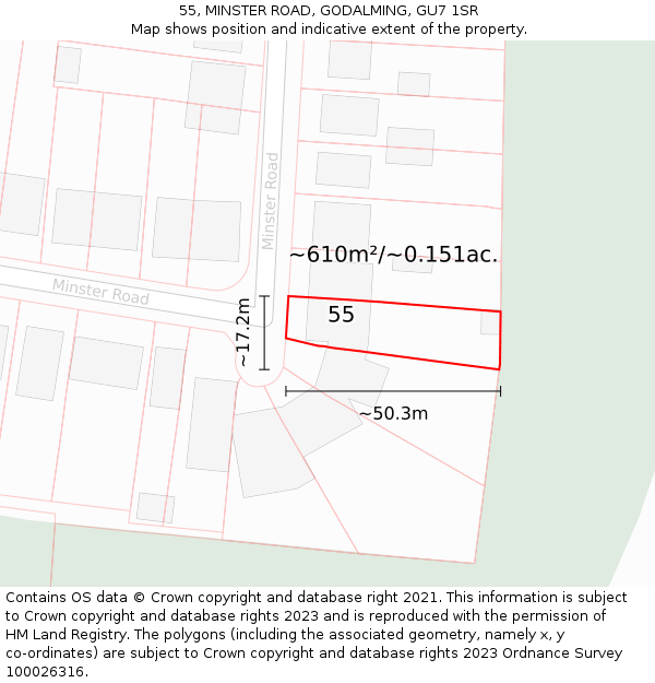 55, MINSTER ROAD, GODALMING, GU7 1SR: Plot and title map