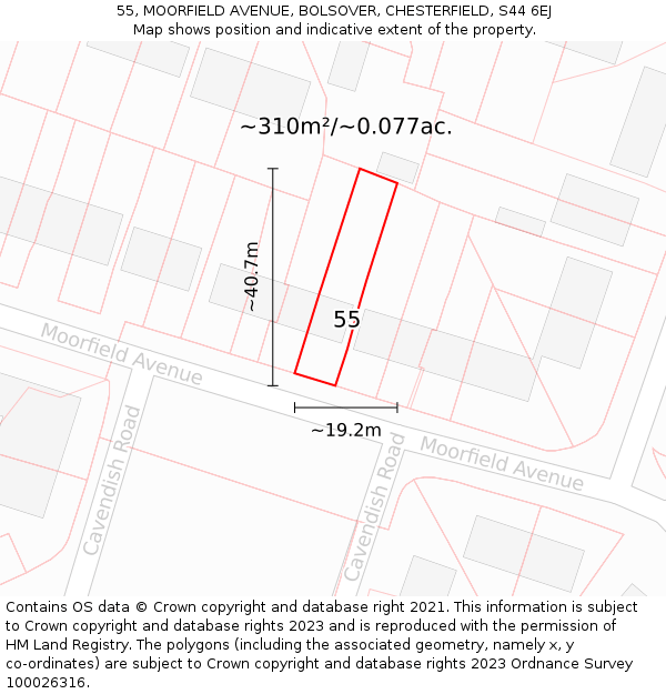 55, MOORFIELD AVENUE, BOLSOVER, CHESTERFIELD, S44 6EJ: Plot and title map