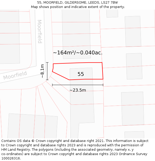 55, MOORFIELD, GILDERSOME, LEEDS, LS27 7BW: Plot and title map