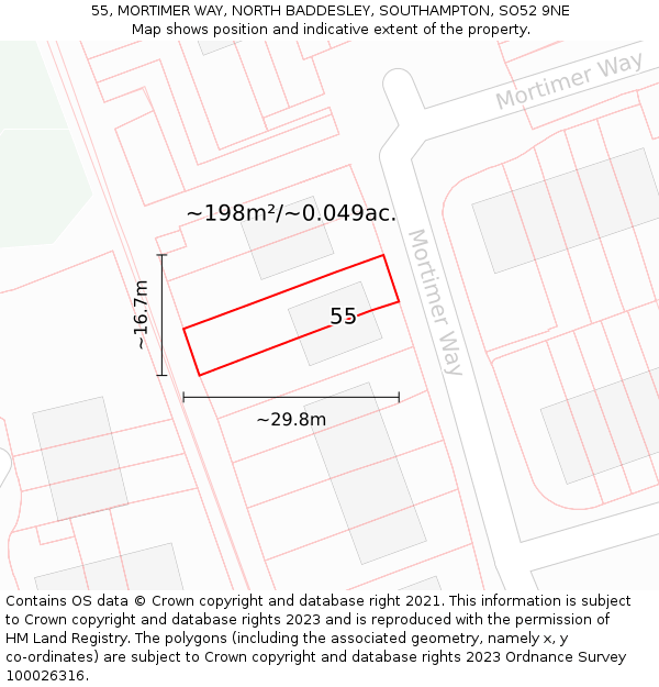 55, MORTIMER WAY, NORTH BADDESLEY, SOUTHAMPTON, SO52 9NE: Plot and title map