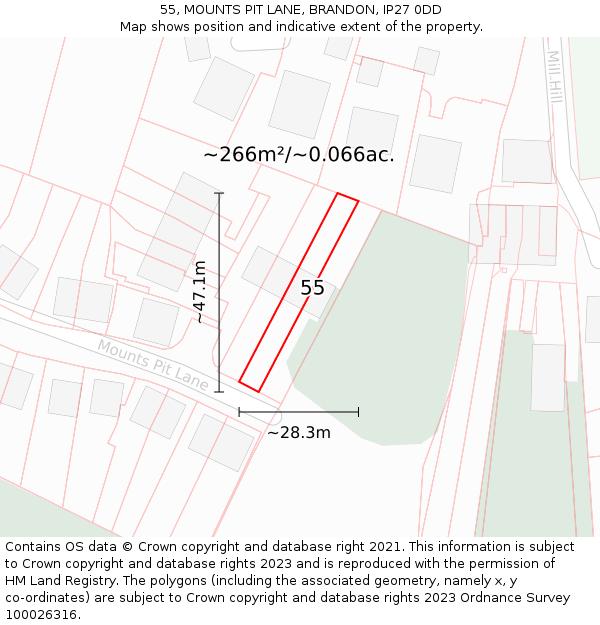 55, MOUNTS PIT LANE, BRANDON, IP27 0DD: Plot and title map