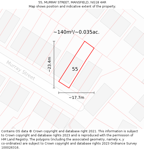 55, MURRAY STREET, MANSFIELD, NG18 4AR: Plot and title map