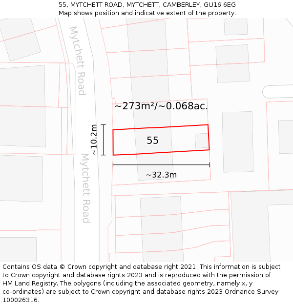 55, MYTCHETT ROAD, MYTCHETT, CAMBERLEY, GU16 6EG: Plot and title map