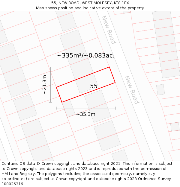 55, NEW ROAD, WEST MOLESEY, KT8 1PX: Plot and title map