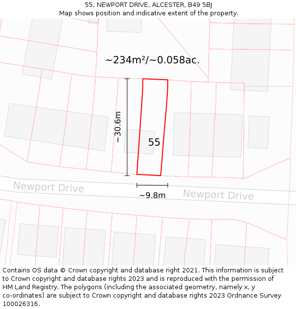 55, NEWPORT DRIVE, ALCESTER, B49 5BJ: Plot and title map