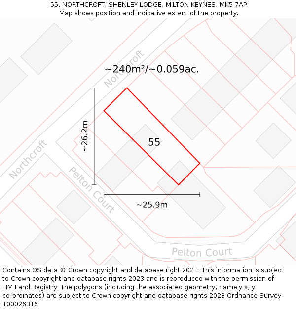 55, NORTHCROFT, SHENLEY LODGE, MILTON KEYNES, MK5 7AP: Plot and title map