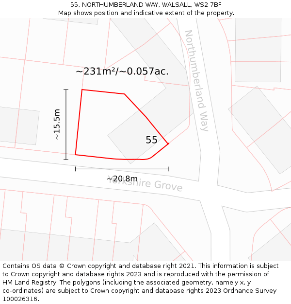 55, NORTHUMBERLAND WAY, WALSALL, WS2 7BF: Plot and title map