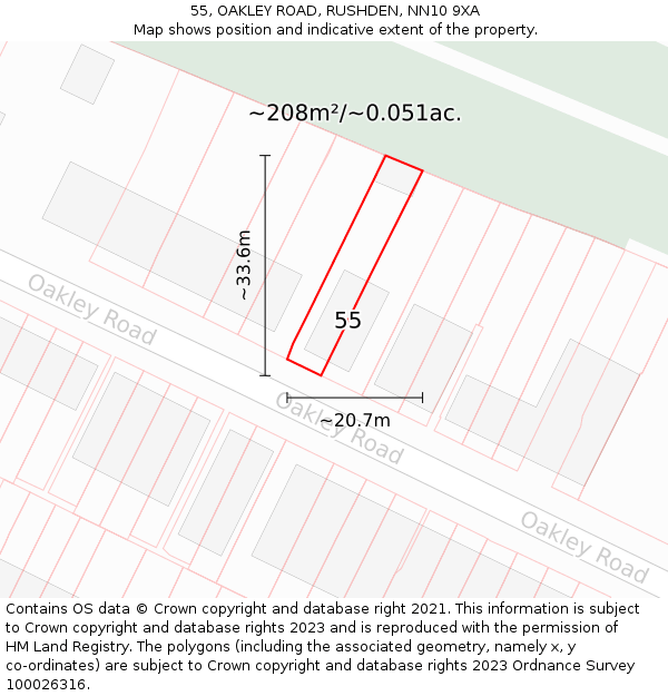 55, OAKLEY ROAD, RUSHDEN, NN10 9XA: Plot and title map