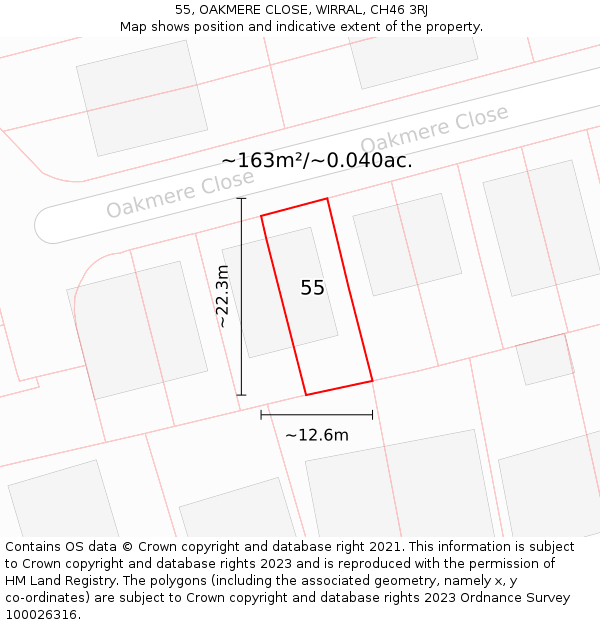 55, OAKMERE CLOSE, WIRRAL, CH46 3RJ: Plot and title map