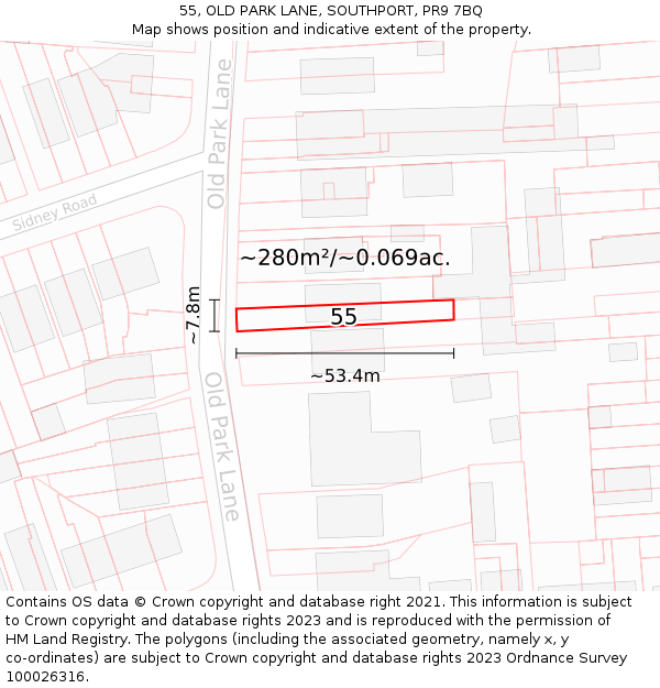 55, OLD PARK LANE, SOUTHPORT, PR9 7BQ: Plot and title map