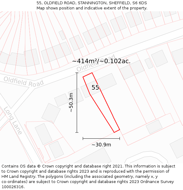 55, OLDFIELD ROAD, STANNINGTON, SHEFFIELD, S6 6DS: Plot and title map
