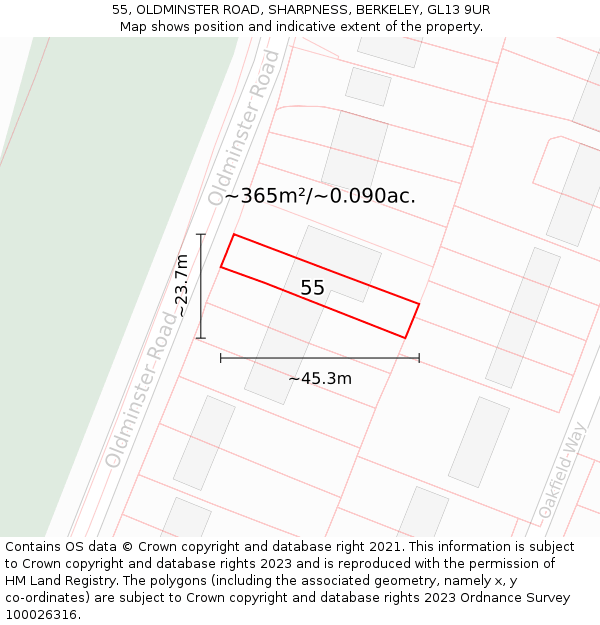 55, OLDMINSTER ROAD, SHARPNESS, BERKELEY, GL13 9UR: Plot and title map
