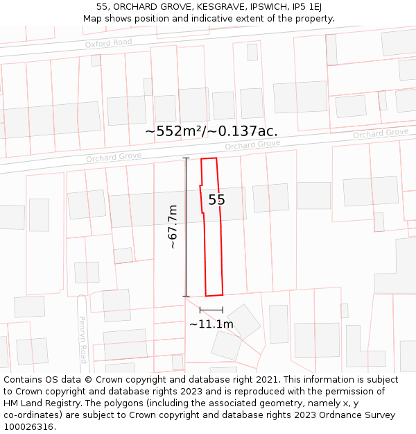 55, ORCHARD GROVE, KESGRAVE, IPSWICH, IP5 1EJ: Plot and title map