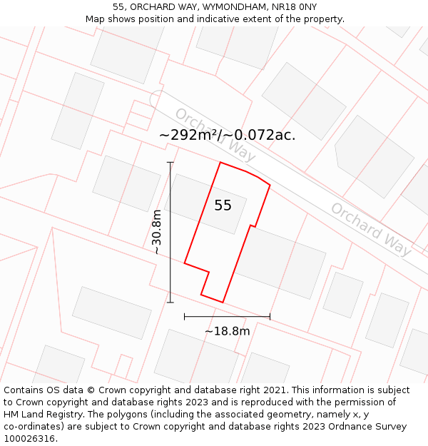 55, ORCHARD WAY, WYMONDHAM, NR18 0NY: Plot and title map