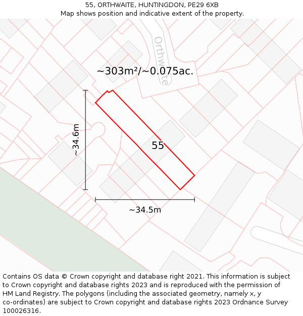 55, ORTHWAITE, HUNTINGDON, PE29 6XB: Plot and title map