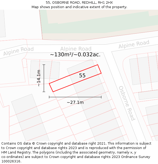 55, OSBORNE ROAD, REDHILL, RH1 2HX: Plot and title map