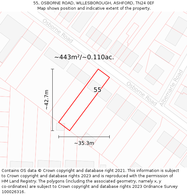 55, OSBORNE ROAD, WILLESBOROUGH, ASHFORD, TN24 0EF: Plot and title map