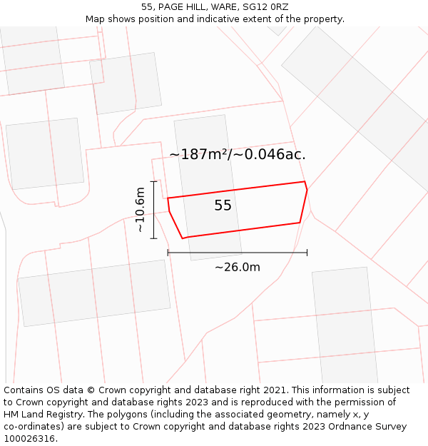 55, PAGE HILL, WARE, SG12 0RZ: Plot and title map