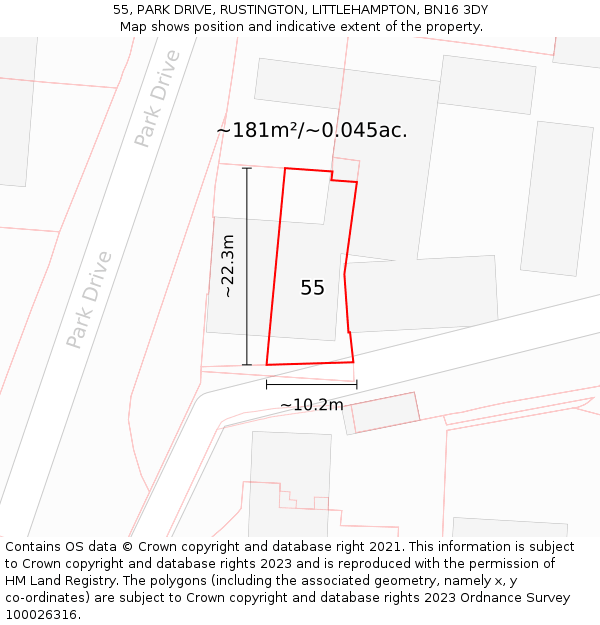 55, PARK DRIVE, RUSTINGTON, LITTLEHAMPTON, BN16 3DY: Plot and title map