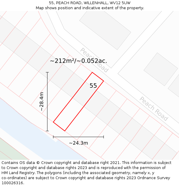 55, PEACH ROAD, WILLENHALL, WV12 5UW: Plot and title map