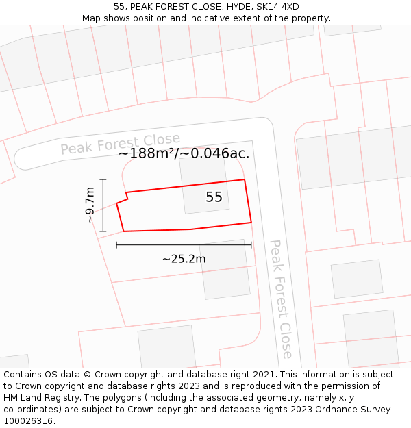 55, PEAK FOREST CLOSE, HYDE, SK14 4XD: Plot and title map