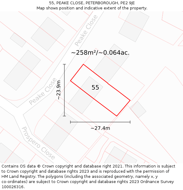 55, PEAKE CLOSE, PETERBOROUGH, PE2 9JE: Plot and title map
