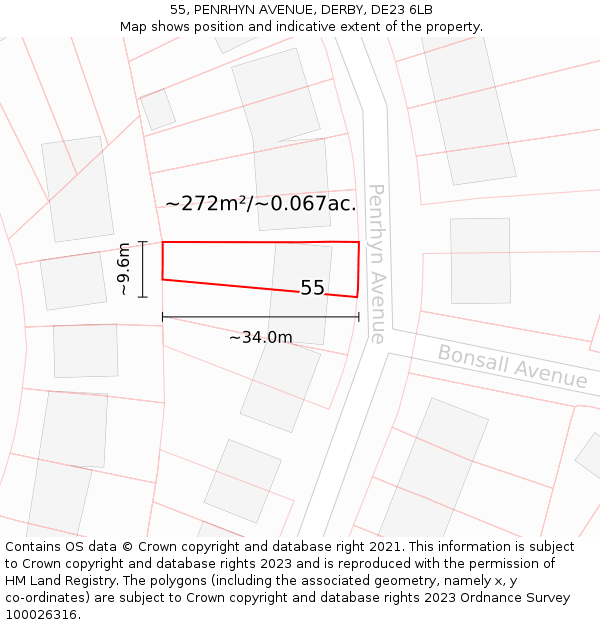 55, PENRHYN AVENUE, DERBY, DE23 6LB: Plot and title map