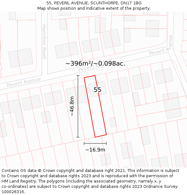 55, PEVERIL AVENUE, SCUNTHORPE, DN17 1BG: Plot and title map